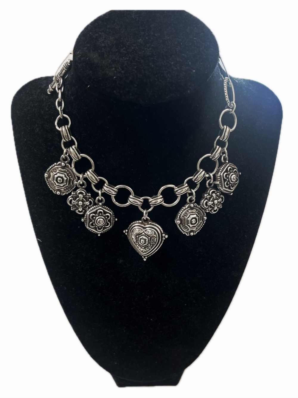 BRIGHTON Hearts And Medallions Charm Bracelet Two Tone Silver Plated Unmarked